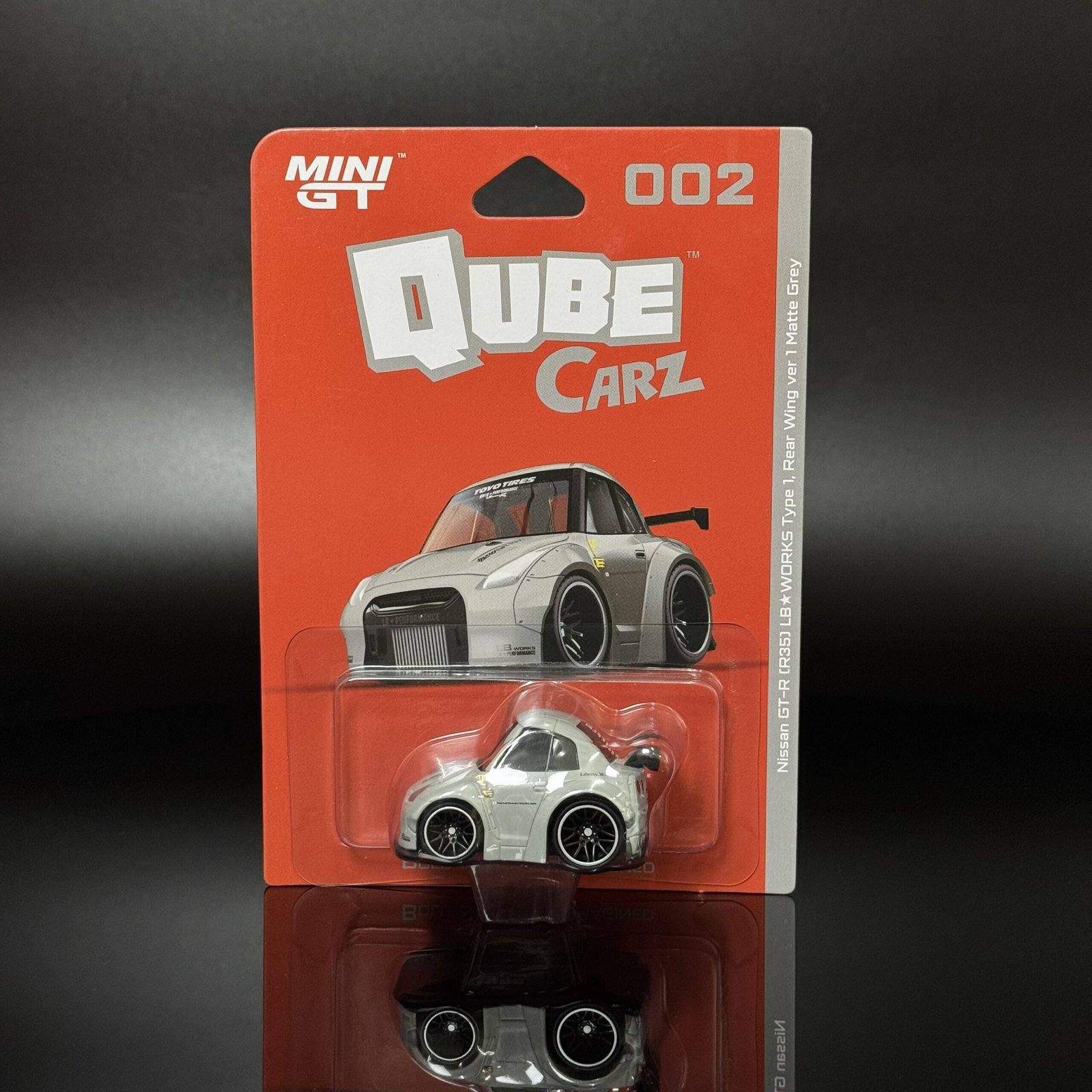 IMG_6174 MINI GT Qube Carz Nissan GT-R R35 LB Works Type 1 Rear Wing Ver1 Matte Grey 1:64 Diecast Model Car - Image 1