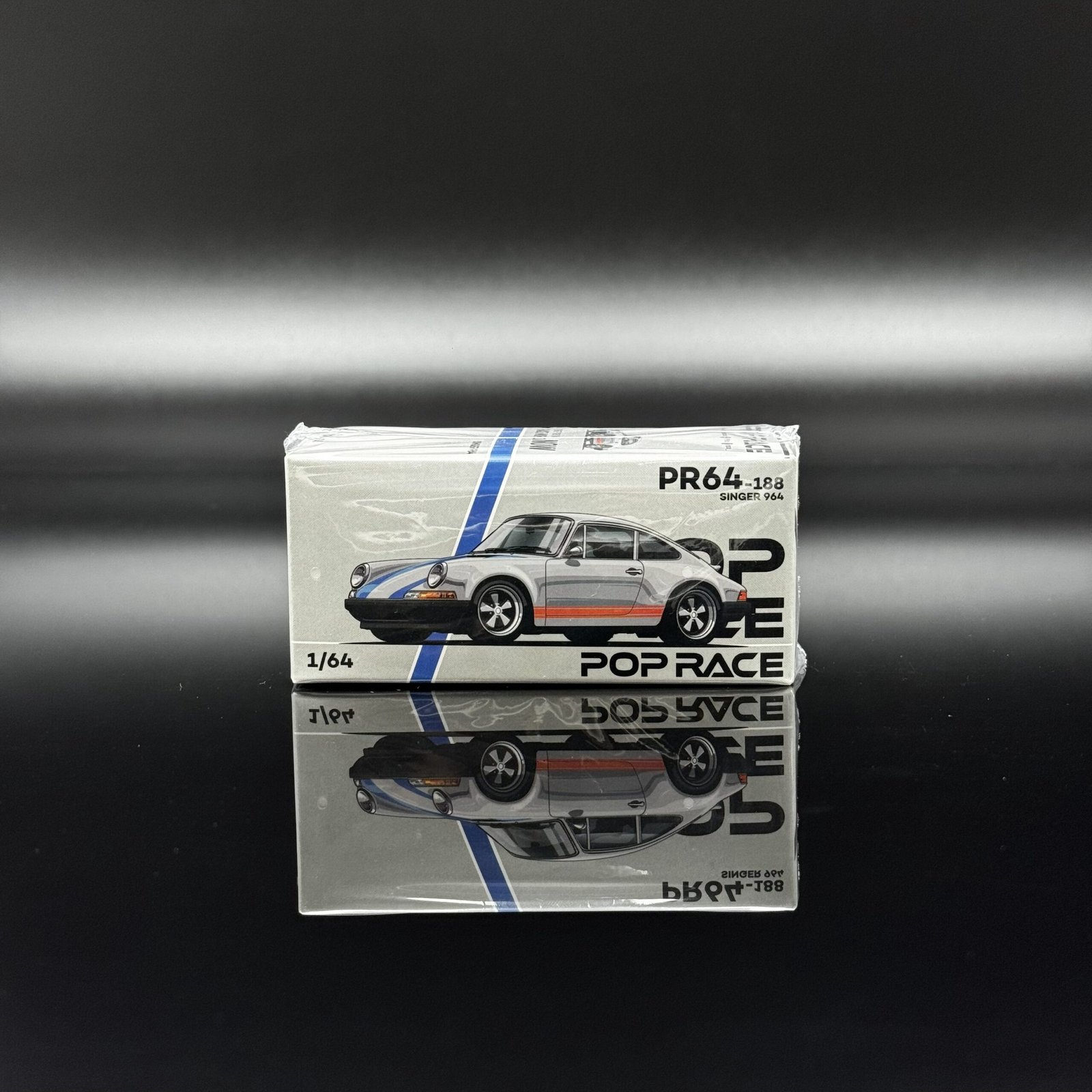 IMG_6571 1991 Porsche 911 Singer Coupe 1:64 Diecast Model Car by POP Race – Silver with Blue Stripes - Image 1