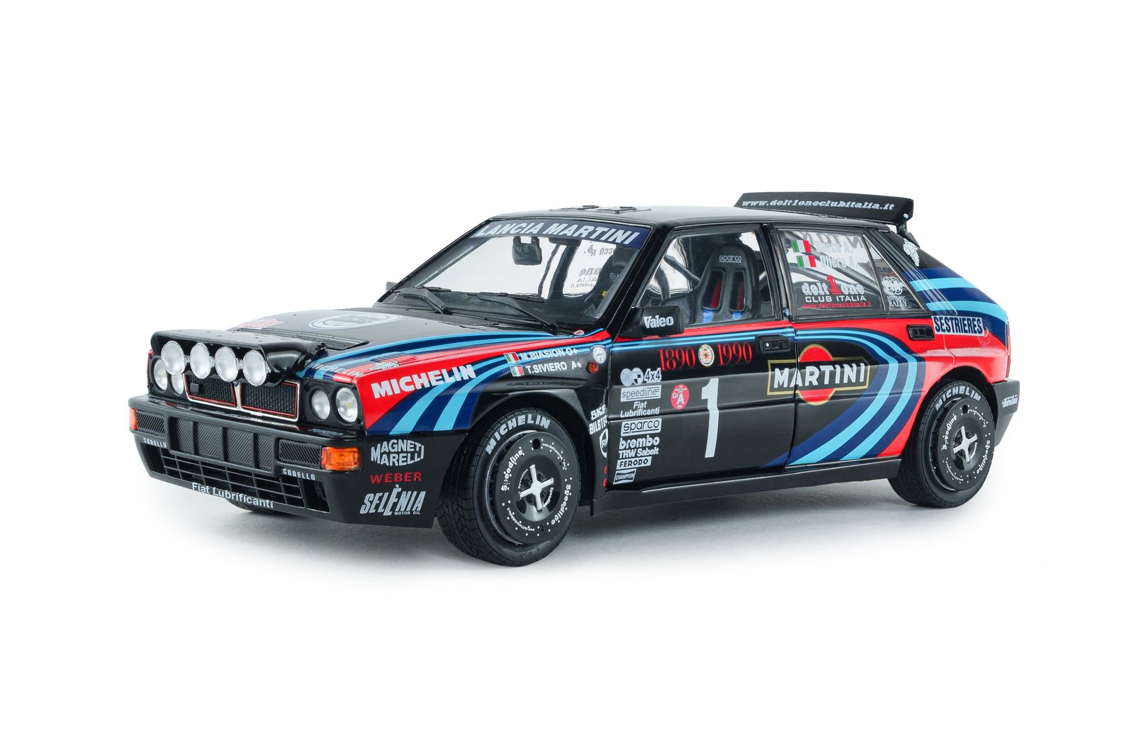 SLD-034-BC (1) 1990 Lancia Delta HF Integrale Evo Martini 16V Night Version N1 Tribute to Miki Biasion Rally Monte Carlo 1:18 Scale Diecast Model Car by Solido – Black/Red/Blue - Image 1